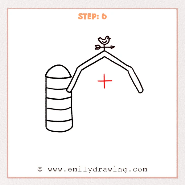 how to draw a barn - Step 6: A light cross is placed on the barn wall as a guide for the round window panes.