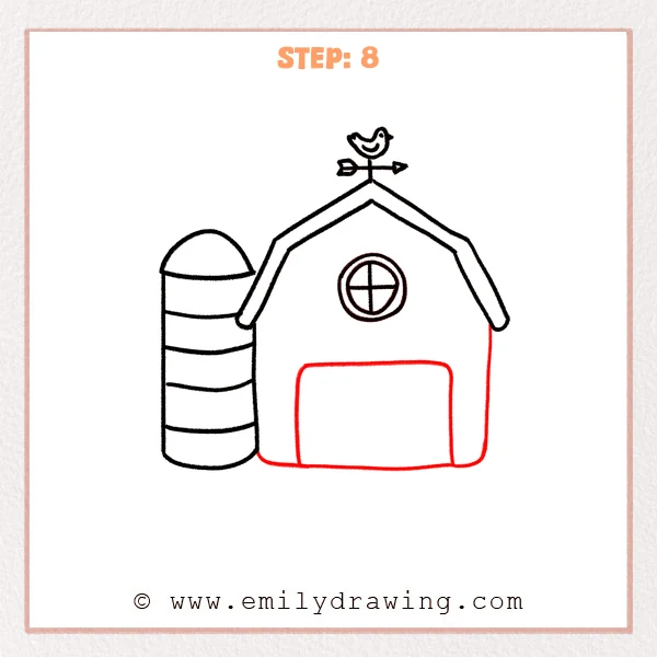 how to draw a barn - Step 8: A large rounded doorway opening is added to the lower front of the barn.