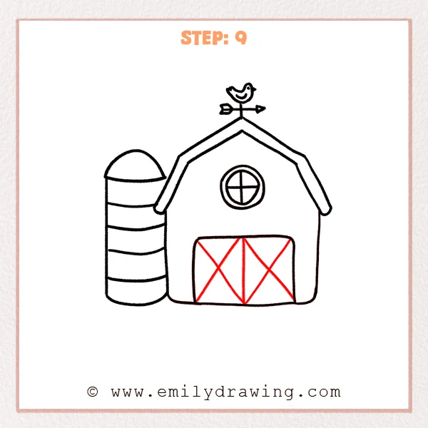 how to draw a barn - Step 9: The barn doors are finished with a center split and X-shaped wooden braces.