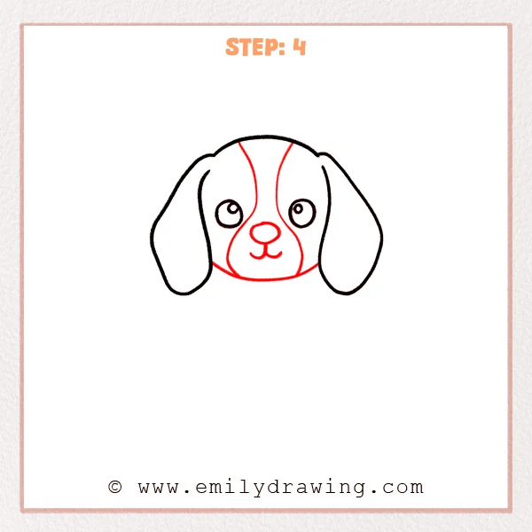 how to draw a beagle - Step 4: The beagle gets an oval nose, a small smile, and a central face marking.