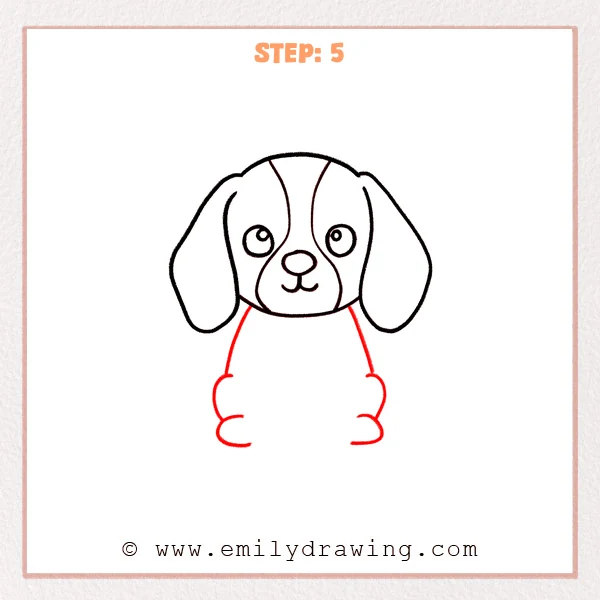 how to draw a beagle - Step 5: A rounded beagle body is drawn with two side back paws for a sitting pose.