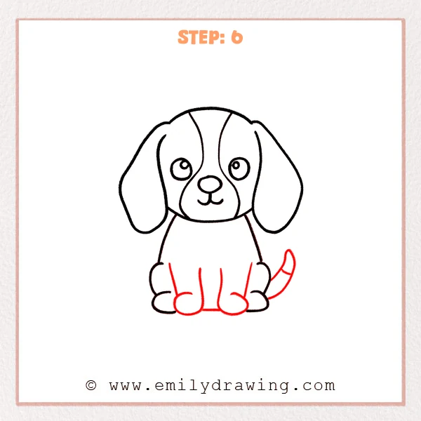 how to draw a beagle - Step 6: Front paws are added in front, a curved tail is drawn, and the beagle outline is cleaned up.