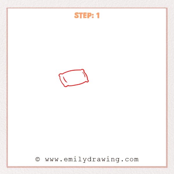 how to draw a bed - Step 1: A simple pillow is drawn with a rounded rectangle and small crease lines.