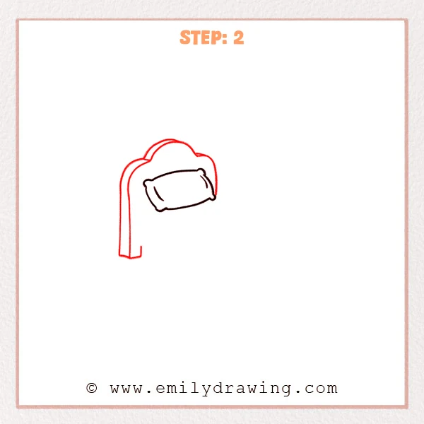 how to draw a bed - Step 2: A rounded headboard is added behind the pillow with a second line for thickness.