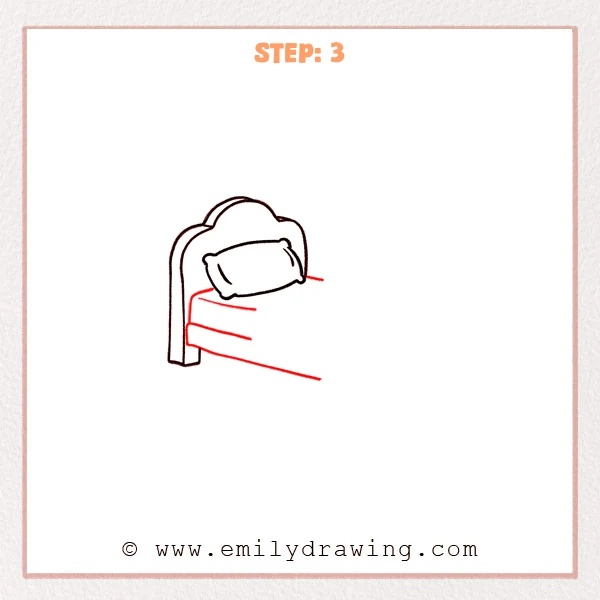 how to draw a bed - Step 3: The mattress edges and a long base line are added to build the bed’s perspective.