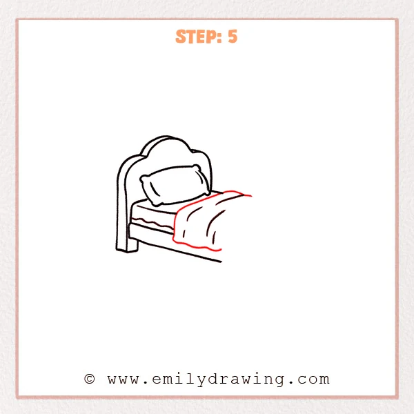 how to draw a bed - Step 5: The bed gains sheet detail on the mattress and a cleaner blanket outline.