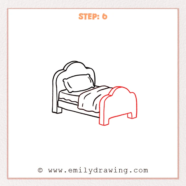 how to draw a bed - Step 6: A rounded footboard with feet is added, completing the full bed shape.