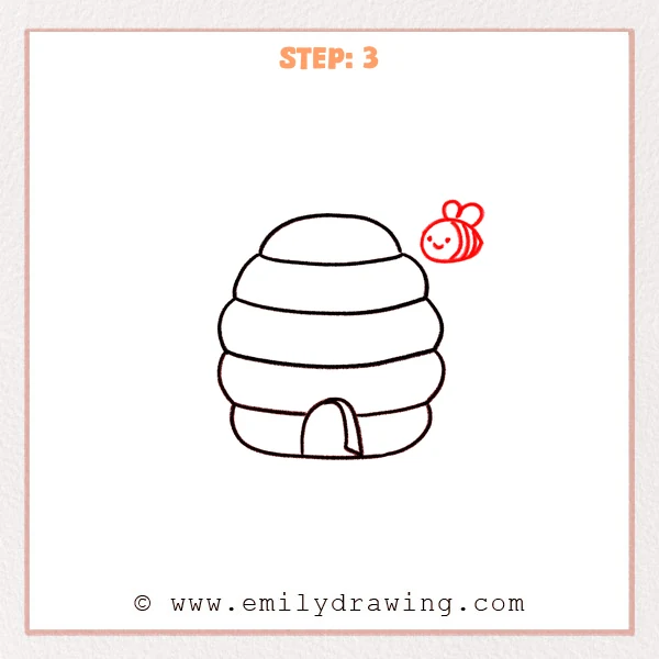 how to draw a beehive - Step 3: A beehive with a detailed doorway and one small bee beside it.