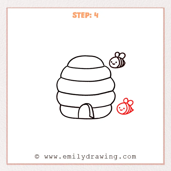 how to draw a beehive - Step 4: A beehive with two bees placed around it, both showing simple wings.