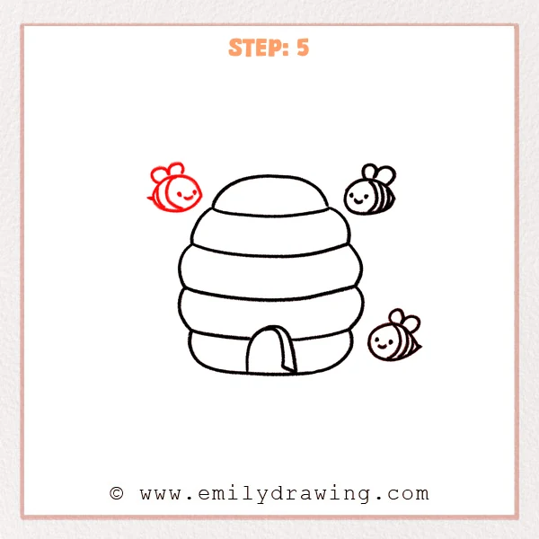 how to draw a beehive - Step 5: A beehive surrounded by four bees, evenly spaced around the hive.