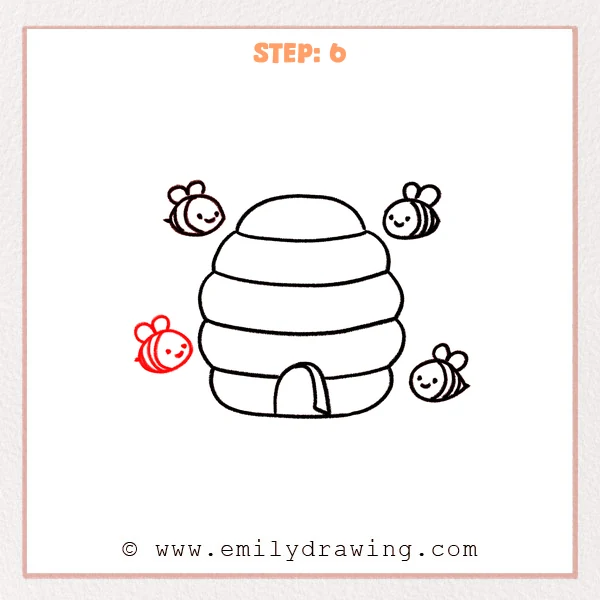 how to draw a beehive - Step 6: A finished beehive drawing with four smiling bees, stripes, tails, and faces.