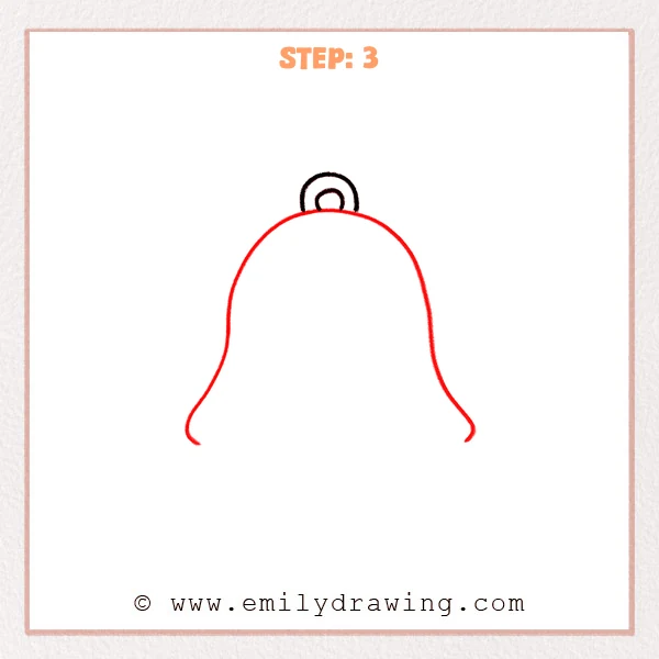 how to draw a bell - Step 3: A full bell outline is added beneath the top loop, widening toward the bottom.
