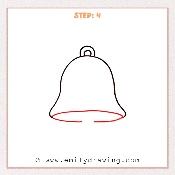 how to draw a bell - Step 4: A curved oval rim is drawn at the bottom of the bell to show its opening.