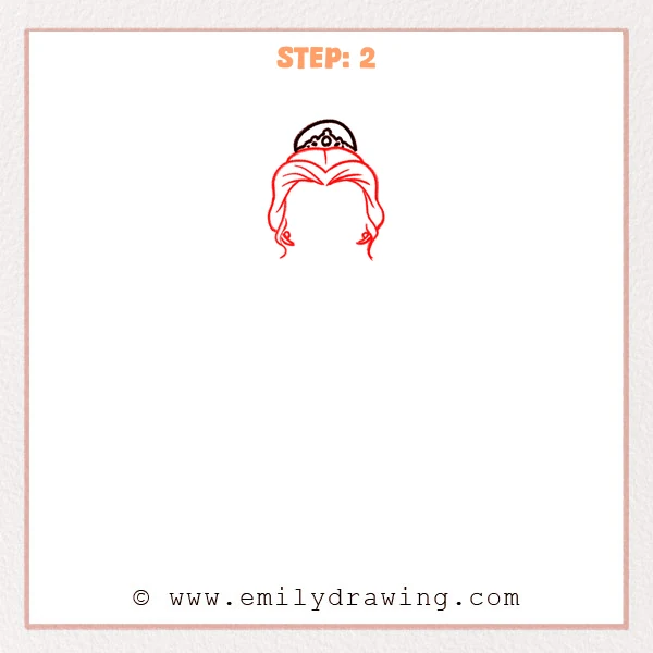 how to draw a belle - Step 2: Belle’s hairstyle appears under the tiara with side strands and an updo.
