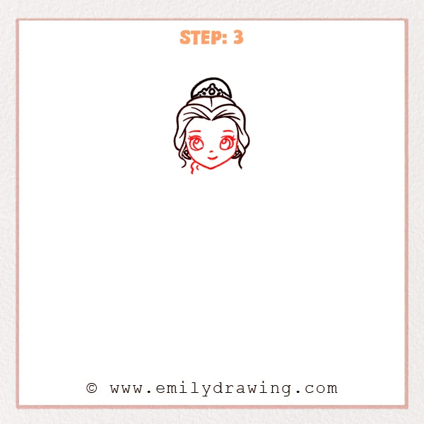 how to draw a belle - Step 3: Belle’s face is added with big eyes, a small nose, and a soft smile.