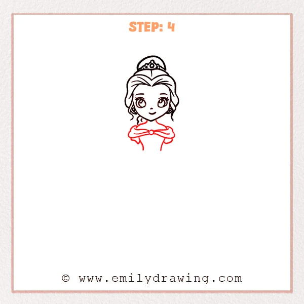 how to draw a belle - Step 4: Belle’s neck, off-shoulder wrap, and fitted bodice are outlined.