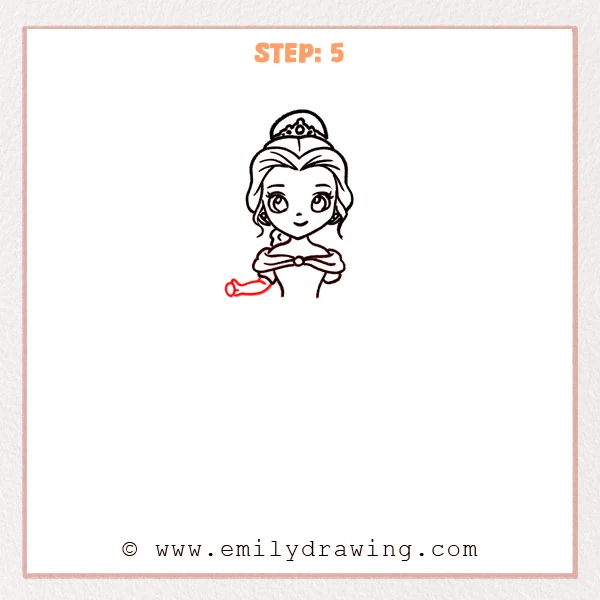 how to draw a belle - Step 5: Belle’s left arm is sketched reaching forward with a simple hand shape.
