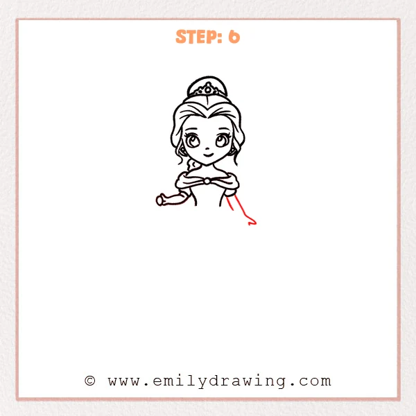 how to draw a belle - Step 6: Belle’s right arm is added, resting down with a small simplified hand.