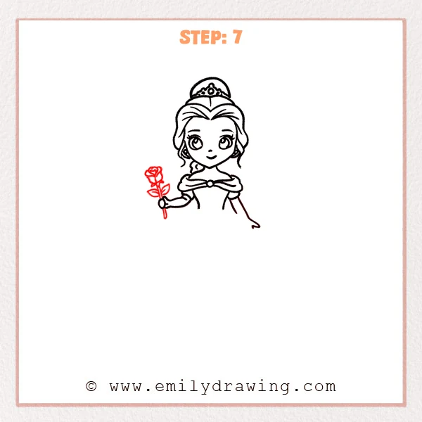 how to draw a belle - Step 7: A rose is drawn in Belle’s hand with a bud, stem, and leaves.