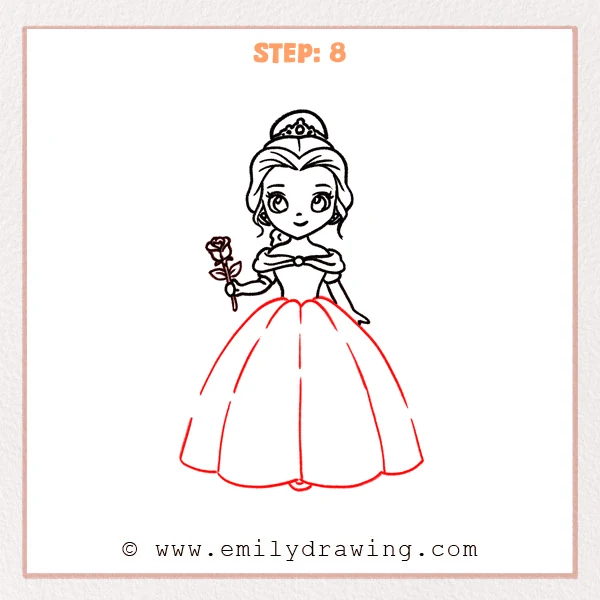 how to draw a belle - Step 8: Belle’s ball gown skirt is outlined as a wide bell shape with a balanced hem.