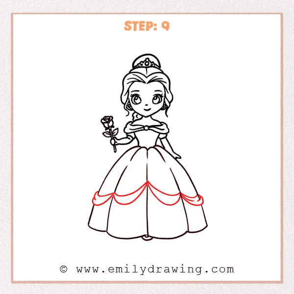 how to draw a belle - Step 9: Layered skirt swags, trim, and a few long folds complete Belle’s gown details.