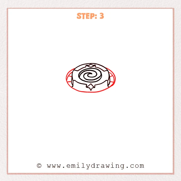 how to draw a beyblade - Step 3: A wide oval defines the Beyblade’s mid-ring footprint.
