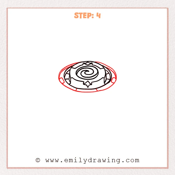 how to draw a beyblade - Step 4: Inner ring segments and a star detail appear on the Beyblade.