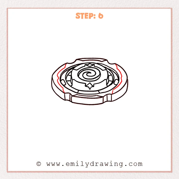 how to draw a beyblade - Step 6: Small grooves and inset shapes refine the Beyblade’s outer armor.