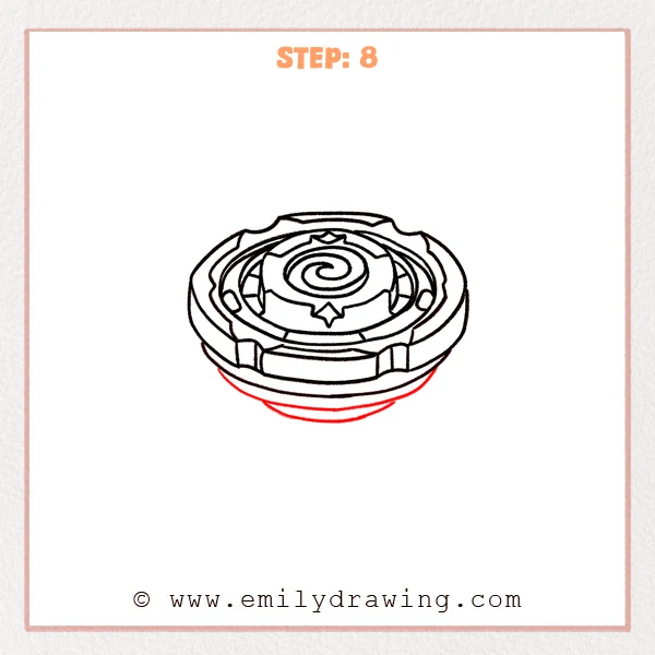 how to draw a beyblade - Step 8: A recessed underside bowl is added beneath the Beyblade top.
