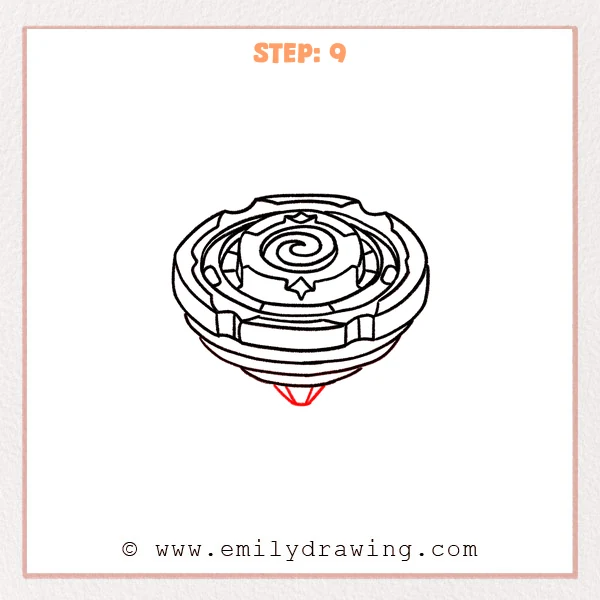 how to draw a beyblade - Step 9: The Beyblade’s bottom tip and its small base ring are drawn.