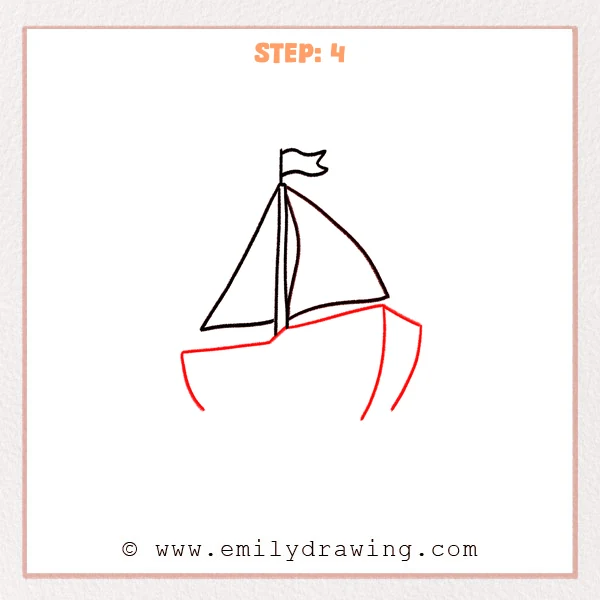 how to draw a boat - Step 4: The boat hull outline and angled bow are drawn beneath the sails.