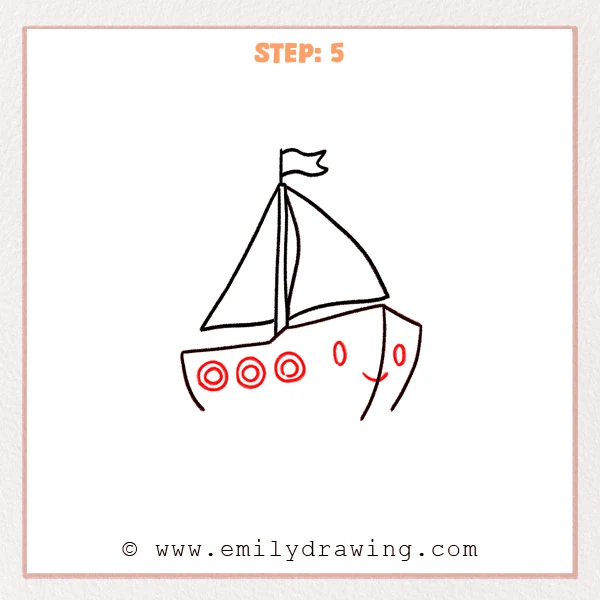 how to draw a boat - Step 5: Three portholes and a cute face are added to the boat.