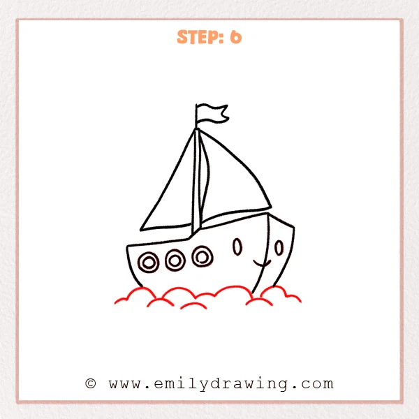 how to draw a boat - Step 6: Scalloped waves are drawn beneath the boat to show it sailing.