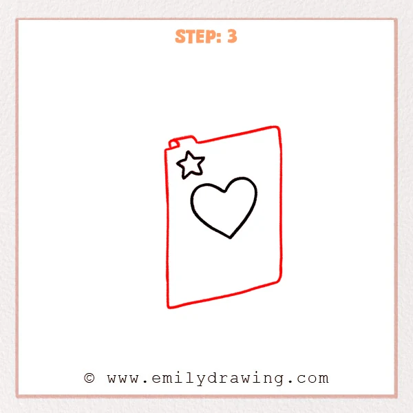 how to draw a book - Step 3: The book’s front cover is outlined with rounded corners around the heart and star.