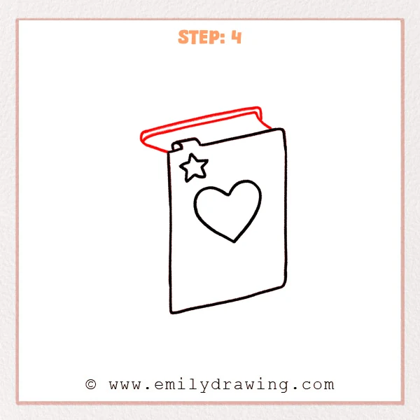 how to draw a book - Step 4: The top page stack and a slightly open cover edge are added to the book drawing.