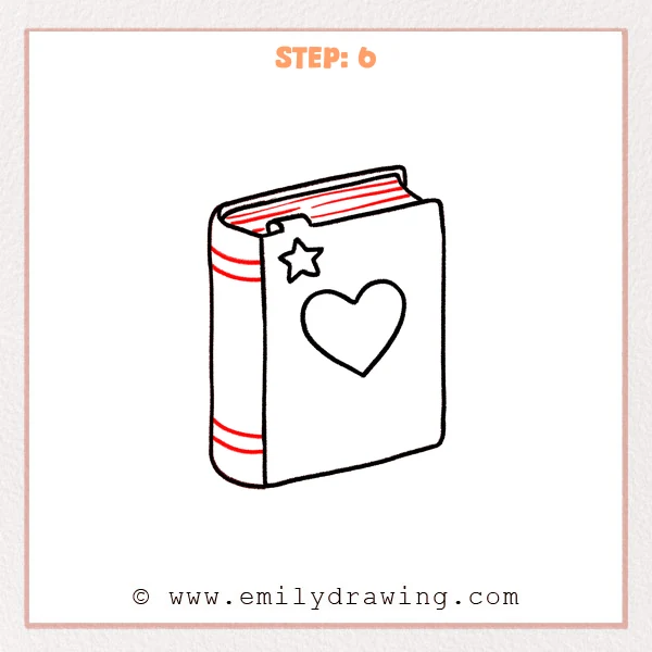 how to draw a book - Step 6: Two spine bands and refined page edges complete the finished 3D book drawing.