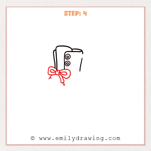 how to draw a boots - Step 4: A bow lace with loops and hanging ends is added to the front boot.