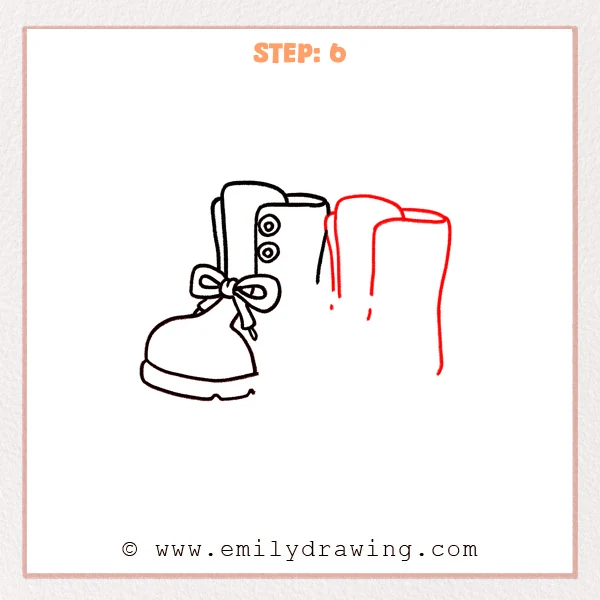 how to draw a boots - Step 6: The second boot’s tall shaft is refined with smooth side curves behind the first boot.