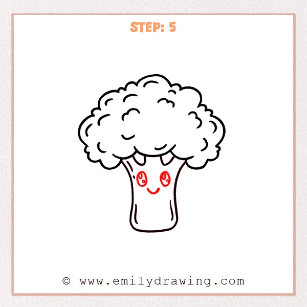 how to draw a broccoli - A cute broccoli drawing with a textured crown and a thick stem, now featuring two oval eyes with highlights and a small smiling mouth.