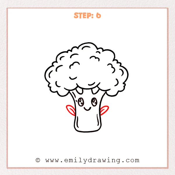 how to draw a broccoli - A cute broccoli with a textured crown and smiling face, now with two small side leaves drawn like little arms.