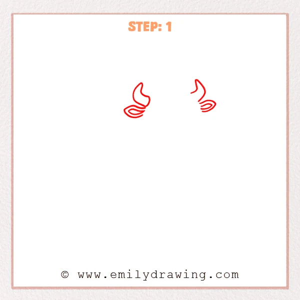 how to draw a bull - First step of an easy bull drawing showing two curved horns with small curved lines beneath each horn.