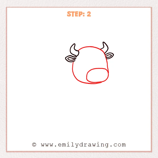 how to draw a bull - Second step of an easy bull drawing showing a rounded head outline added under the horns, plus a large oval muzzle area on the lower right.