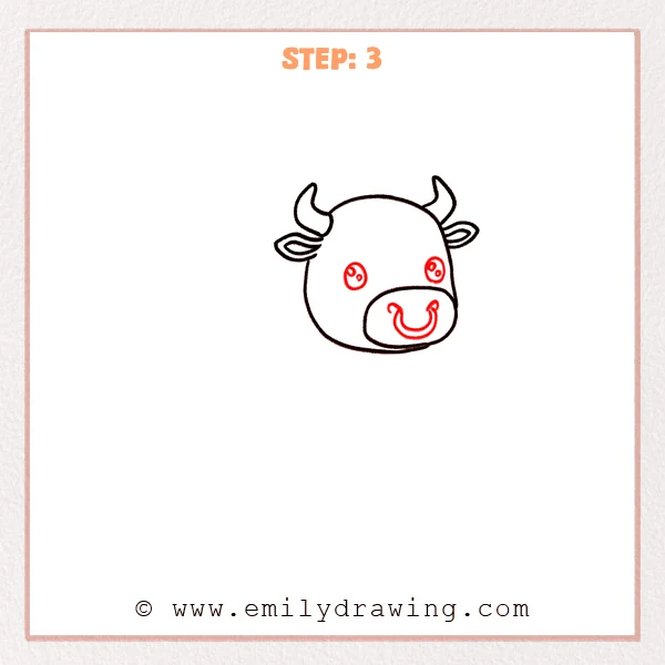 how to draw a bull - Third step of an easy bull drawing showing two round eyes with highlights and simple nostrils and a curved smile line inside the muzzle.