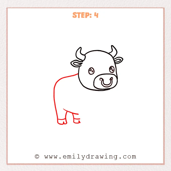 how to draw a bull - Step 4 of an easy bull drawing showing the rounded back body shape added behind the head and the first pair of short legs with simple hoof splits.