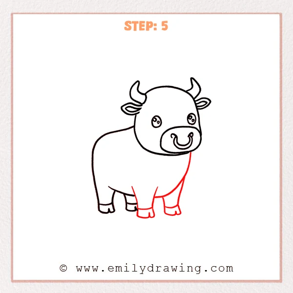 how to draw a bull - Step 5 of an easy bull drawing showing the front body curve connected under the head and the remaining pair of short legs added with simple hoof splits.