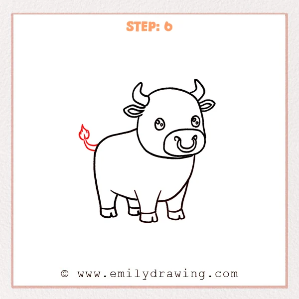 how to draw a bull - Sixth step of an easy bull drawing showing a curved tail added to the back with a small tuft at the tip.