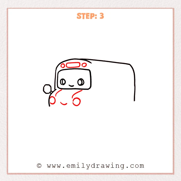 how to draw a bus - The cute bus now has two round headlights, curved front panel lines, and a small top sign with tiny indicator lights.