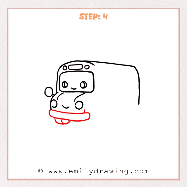how to draw a bus - The cute bus now has a rounded front bumper, a half-circle front wheel underneath, and a small body corner line.