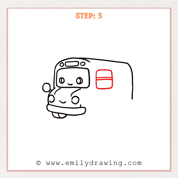 how to draw a bus - The cute bus now includes a rounded side window on the body with two horizontal divider lines inside.