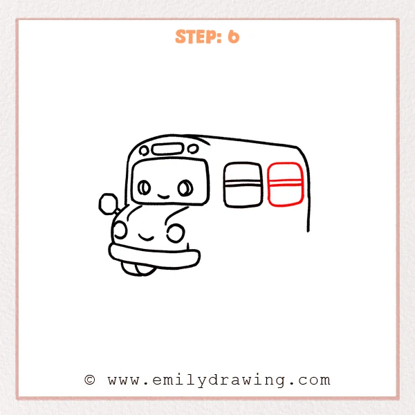 how to draw a bus - The cute bus now has two matching side windows on the body, each with simple horizontal divider lines.